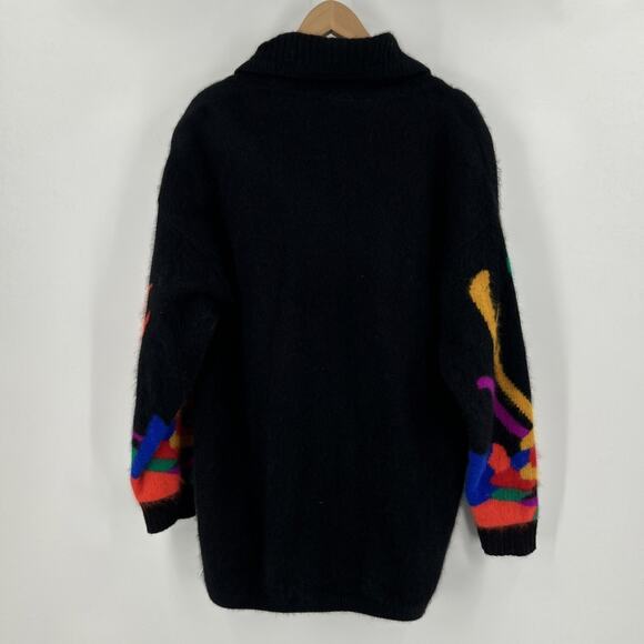 Vintage Rafaella Angora Cardigan Womens Size L Floral Graphic Black Vibrant 80s - Picture 4 of 10